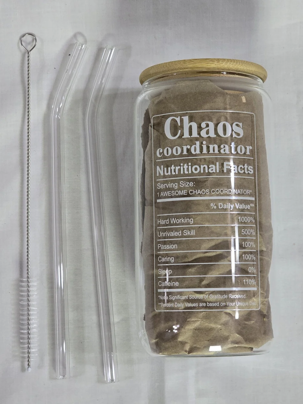 ​Chaos Coordinator Glass Can Tumbler 16oz Bamboo Lid Straw Brush Novelty Gift